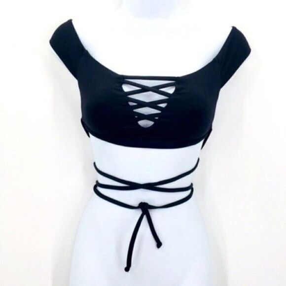 Frankie’s Bikinis black Shiloh off shoulder bikini top small BoxA - Picture 7 of 8